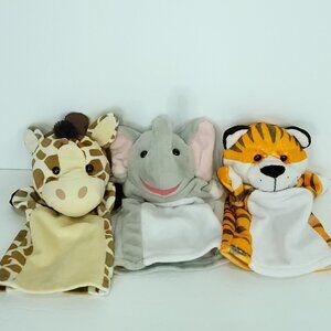 Lot of 3 Hand Puppets Striped Tiger Giraffe Elephant Plush Stuffed Teachers Aide